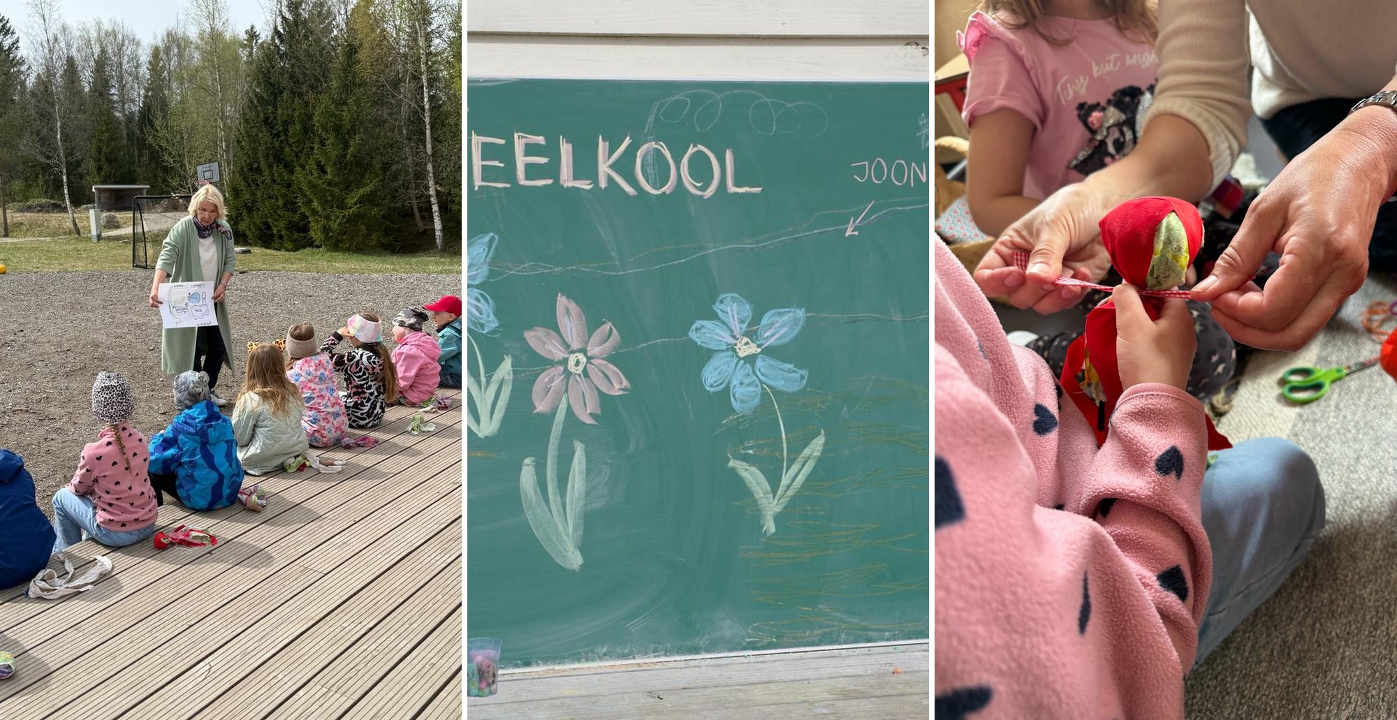 Lilleoru Põhikooli eelkool: õpetaja lastega õuesõppes, kriiditahvel ülesannetega ja laste käsitöö